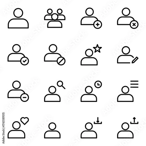 Fototapeta Collection of Basic User Related Vector Line Icons. Contains Icons like User minus, Ad user, Love User, Upload User and more. Editable stroke. 48x48 pixels
