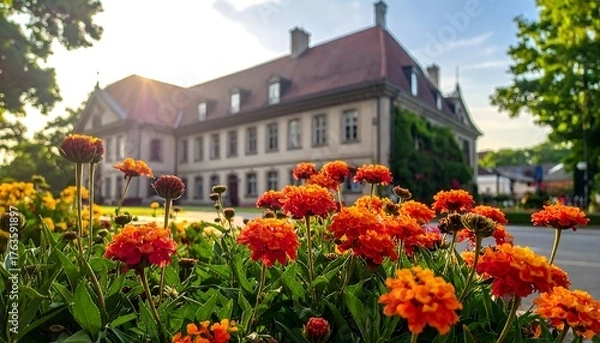 Obraz Architectural shot of a stately building with a red tiled roof, illuminated by the warm glow of the sun. Orange flowers in foreground