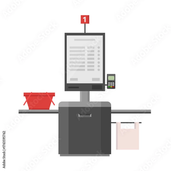 Fototapeta Shop self-service checkout isolated on white background. Cash machine with monitor. Vector stock