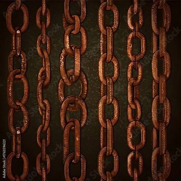 Fototapeta Artistic illustration featuring vertical rows of weathered, rust-colored metal chains against a dark textured background. Detailed textures and worn look