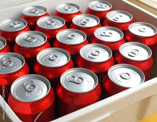 Obraz Array of red drink cans with silver tops arranged in a white plastic container under a warm light