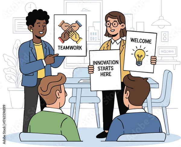 Fototapeta Teamwork and Innovation Presentation with Diverse Professionals.