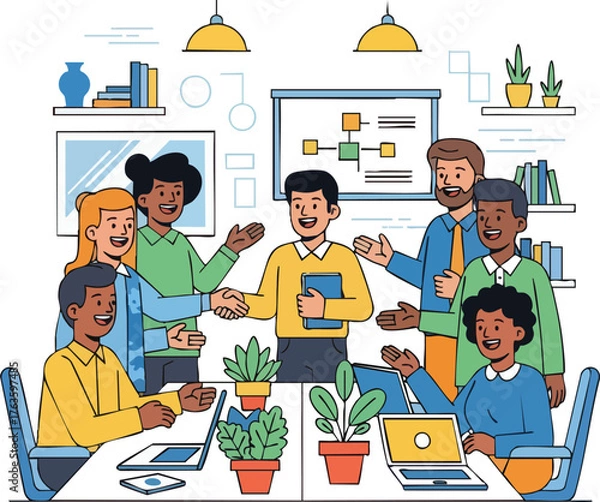 Fototapeta Diverse group of professionals collaborating in a modern office setting.