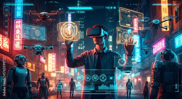 Fototapeta A man using vr headset in a futuristic cityscape with drones and robot companions in the neon lit streets ai generated