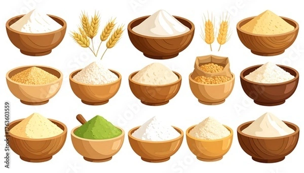 Fototapeta Assortment of bowls filled with varying types of flours and grains, with wheat stalks included in the array