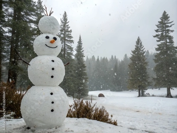 Obraz Charming snowman stands tall in a snowy forest landscape during a winter snowfall creating a whimsical and festive holiday scene