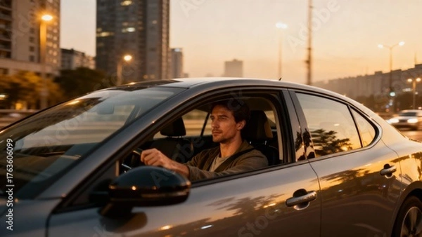 Fototapeta Capture the thrill of a man mastering the wheel in a bustling city