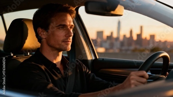 Fototapeta Witness the intensity of a driver racing through urban streets at dusk