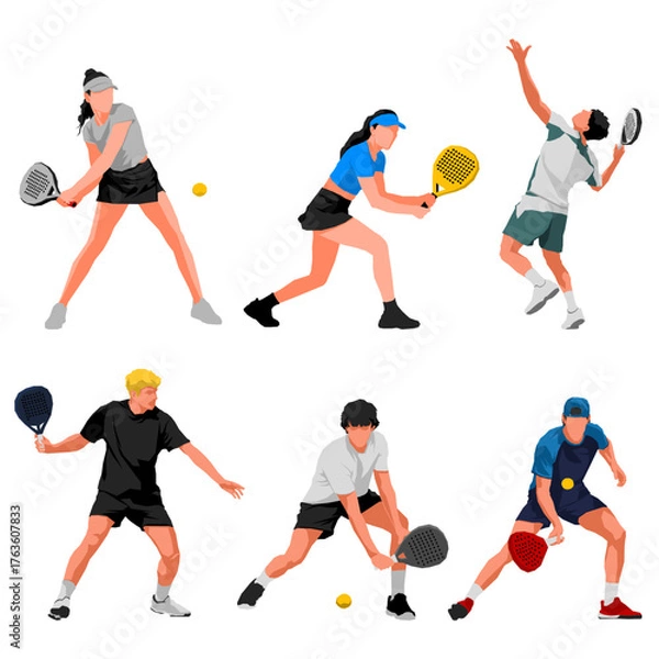 Obraz Illustration of men and women playing padel, showing dynamic movements, focus, and competitive energy.