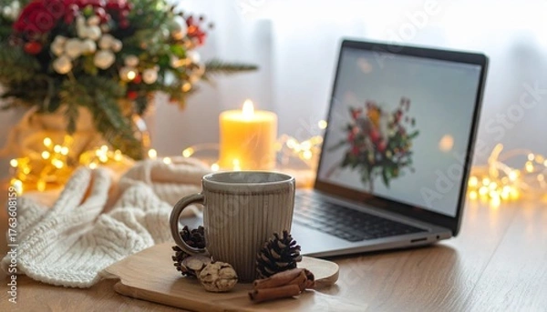 Fototapeta Cozy Christmas Workspace with Laptop and Glowing Lights and Candle with Beige Mug and Wooden Board on Table With