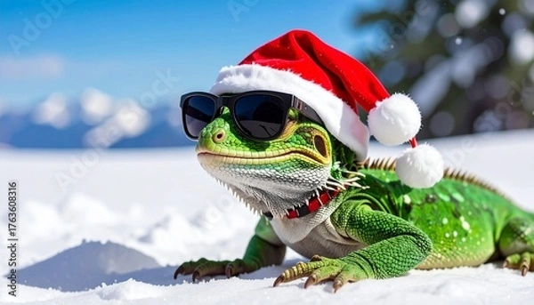 Fototapeta Festive Green Iguana in Red Santa Hat and Sunglasses Resting on Snow Mountain Sunny Day Holiday Theme 120 Characters