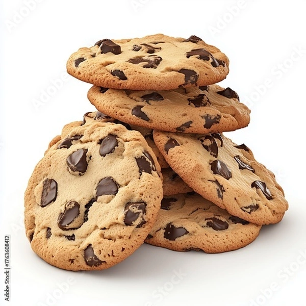 Obraz Cookies pile with chocolate chips crunchy sweet snack food, isolated white
