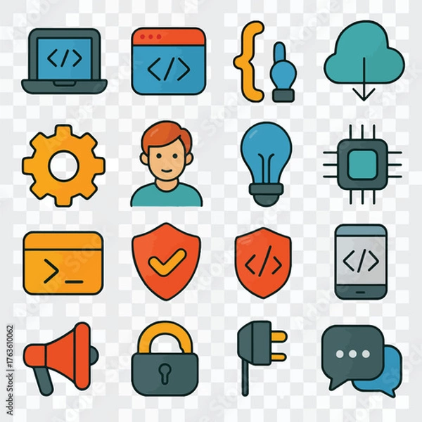 Fototapeta Colorful flat line icon set for software development and programming.