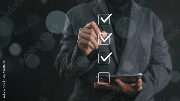 Fototapeta Businesswoman tick correct sign mark for document approve, project acceptance and quality assurance concept, take an assessment, questionnaire, evaluation, online survey, online exam, checklist.