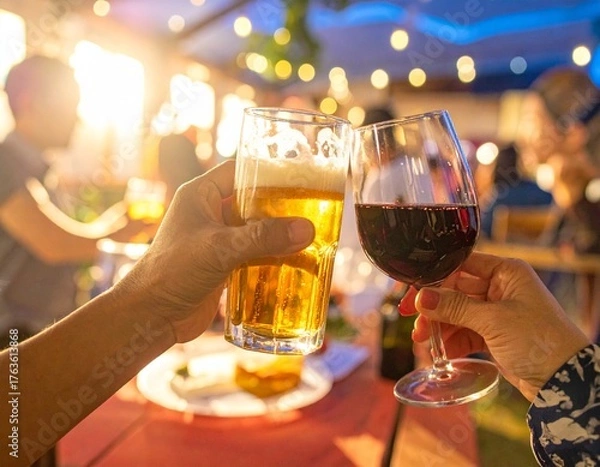 Obraz 乾杯するビールと赤ワイン