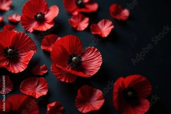 Fototapeta Intricate red poppy petals, scattered, dark background, wallpaper, macro