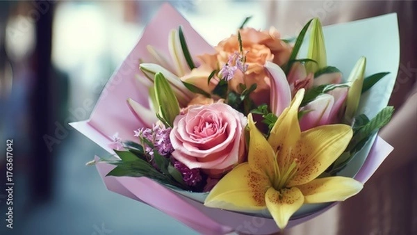 Obraz Fresh flower bouquet with roses and lilies wrapped in pink paper