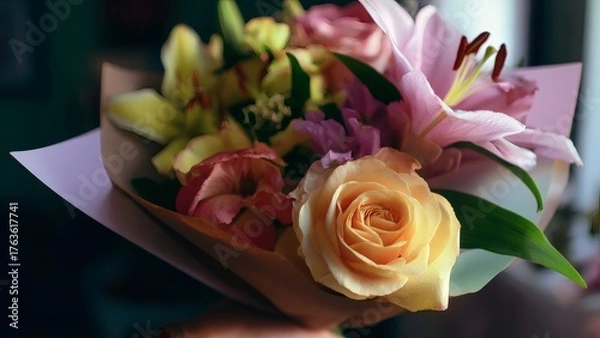 Obraz Colorful bouquet of fresh flowers in soft indoor lighting
