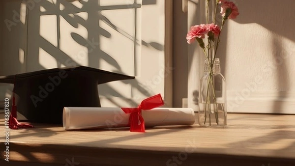 Obraz Graduation diploma with red ribbon in sunlit room with flowers