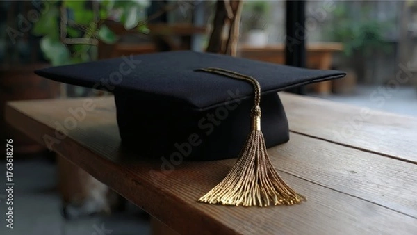 Obraz Graduation cap with golden tassel resting on wooden desk