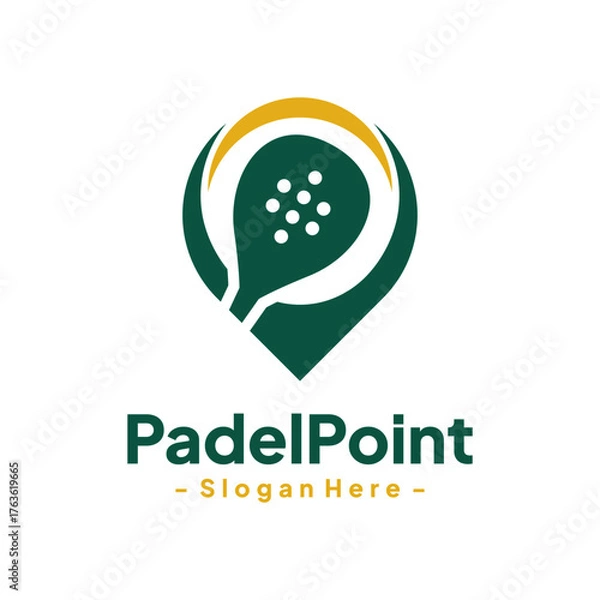 Fototapeta Racket with pin mark logo design template. Padel sport event location pointer. Isolated vector icon on white background.