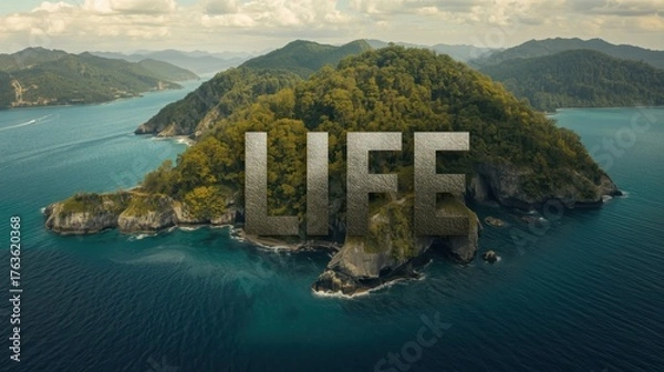 Fototapeta Aerial View of Tropical Island with 'LIFE' Text Overlay