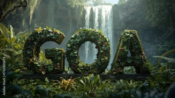 Fototapeta Lush Green GOA Letters in a Tropical Jungle with Waterfall