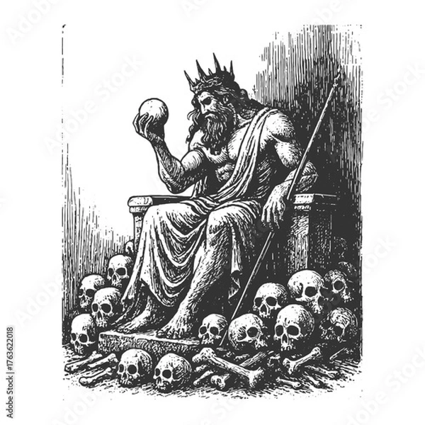 Obraz Dark fantasy illustration of Hades, the god of the underworld, sitting on a throne of skulls. Perfect for mythology or gothic art.