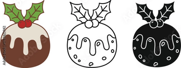 Fototapeta Three christmas puddings with holly and cherries in different styles