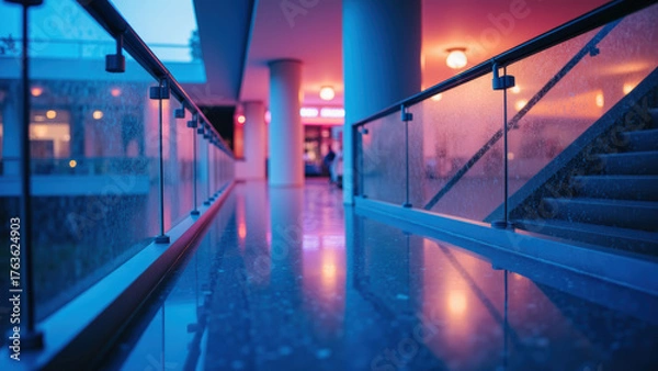 Fototapeta Modern corridor with glass railings, illuminated by colorful lights, creates vibrant atmosphere. wet floor reflects hues, enhancing ambiance
