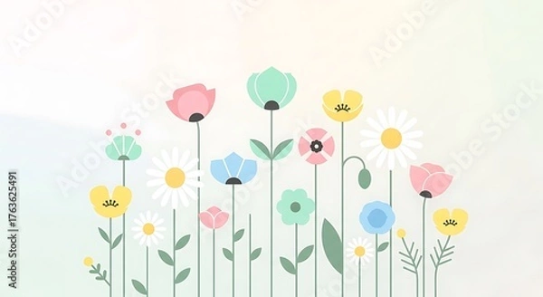 Obraz A beautiful illustration of various colorful flowers blooming in a garden with a soft pastel background.