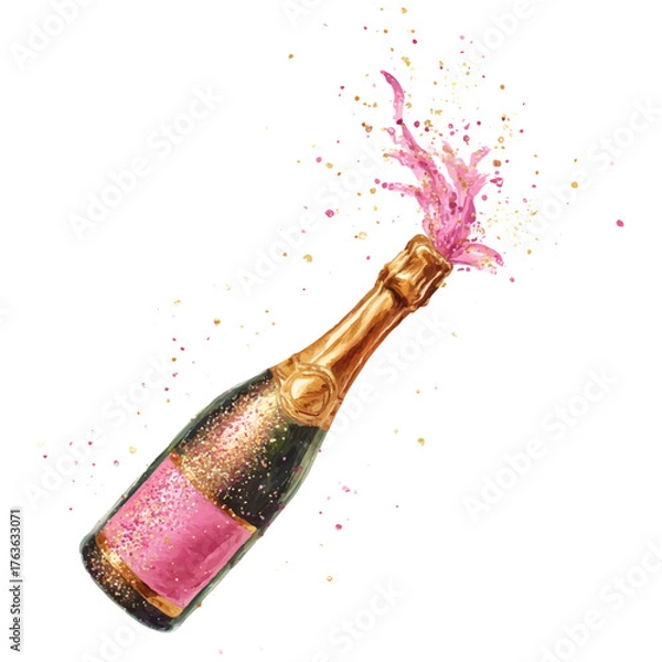 Fototapeta Champagne bottle exploding with pink sparkling wine and golden glitter, celebrating success and joy with a festive party splash and effervescent bubbles on transparent background