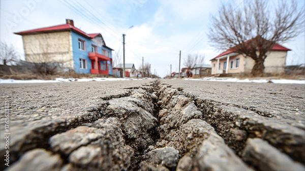 Obraz A road with a large crack in it. The road is in front of a house. The house is blue
