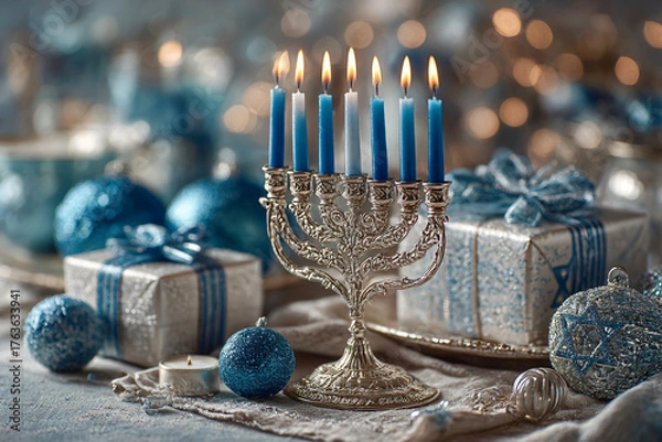 Obraz A blue and white table with a menorah and other decorations. The menorah is lit with candles and is surrounded by blue and white ornaments