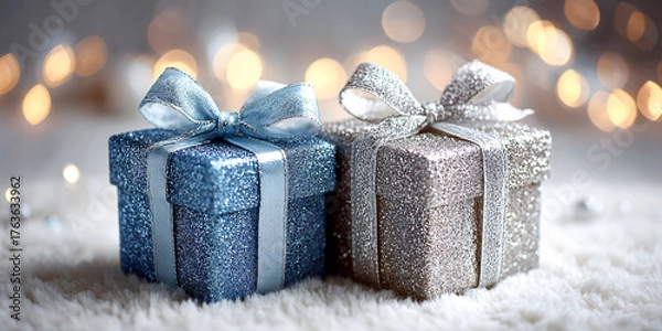 Obraz Two shiny, glittery boxes with bows on top of a white surface. The boxes are decorated and appear to be gifts