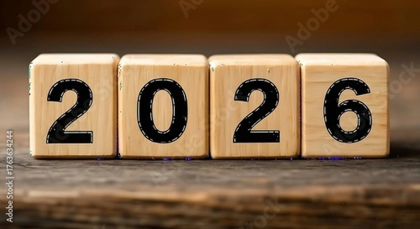 Fototapeta Wooden blocks displaying the year 2026 on a rustic wooden surface with a blurred background