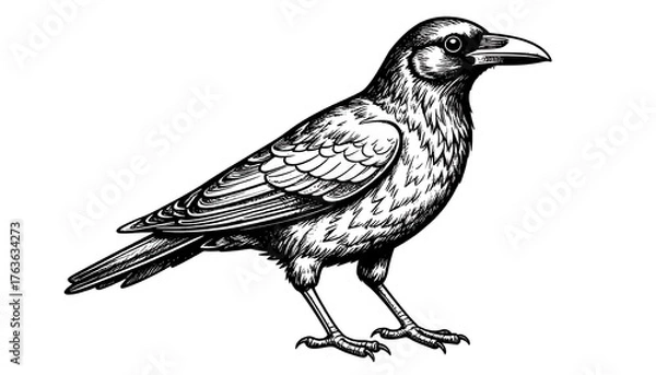 Obraz Black and white illustration of a bird, likely a crow or raven. Detailed feather textures and a strong beak, all on white background