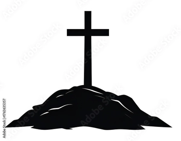 Obraz Black silhouette of a Christian cross atop a small mound or hill, rendered in simple lines against a plain white backdrop