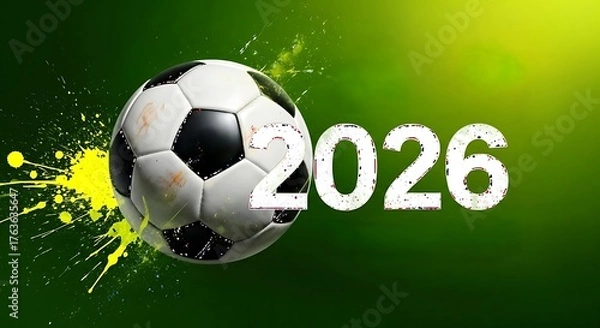Fototapeta Classic soccer ball exploding with yellow paint splatter next to the year 2026 on a green background