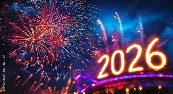 Fototapeta Vibrant fireworks explode in the night sky illuminating the glowing numbers of the year 2026 celebrating the new year