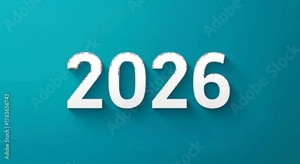 Fototapeta White bold number twenty twenty six displayed prominently on a vibrant teal blue background with subtle shadows