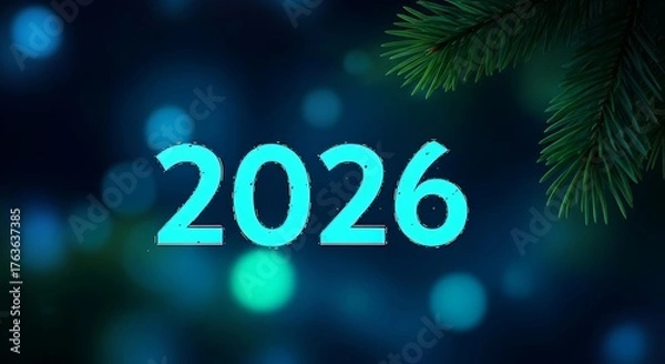 Fototapeta Bright glowing neon numbers 2026 illuminated against a dark bokeh background with pine tree branch