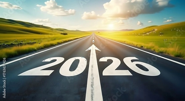 Fototapeta Open road with 2026 painted on the asphalt leading towards a bright sunlit horizon and rolling green hills