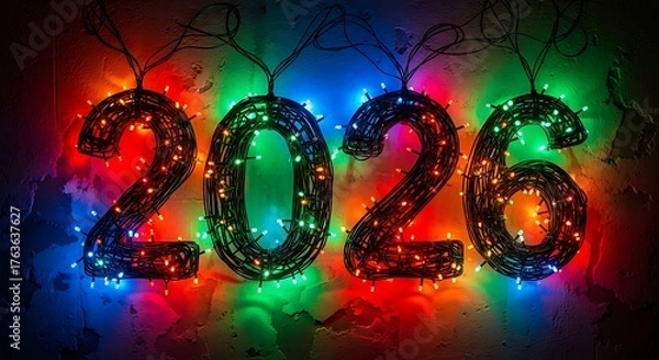 Fototapeta Brightly colored string lights form the number 2026 celebrating the upcoming new year holiday season