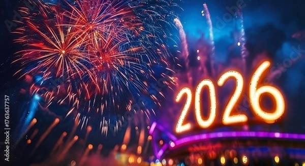Obraz Vibrant new year s eve fireworks illuminate the glowing year 2026 in a celebratory urban night sky