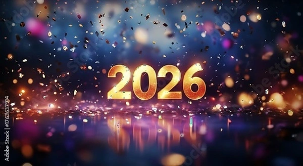 Fototapeta Golden 2026 number illuminated with sparkling confetti and bokeh lights creating a festive celebratory atmosphere for new year
