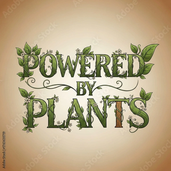 Fototapeta "Powered by Plants" Vine Typography Graphic: A stylized graphic with the phrase "POWERED BY PLANTS" in bold, hand-drawn typography. The letters are designed to look like they are made of green vines 