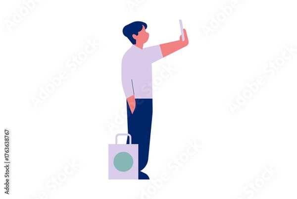 Obraz Person standing and using smartphone with shopping bag, representing online shopping, modern lifestyle, and digital consumer behavior.