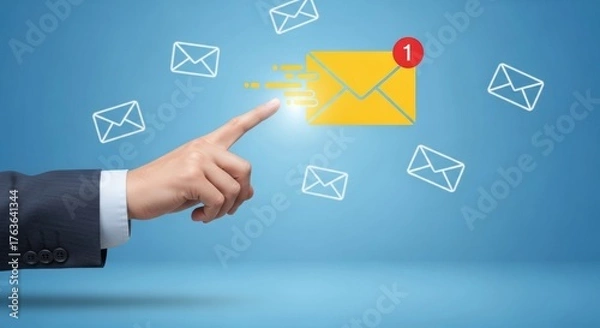 Fototapeta Email Notification Illustration, Hand Pointing at Yellow Envelope Icon with New Message Alert on a Blue Background, Digital Communication Concept