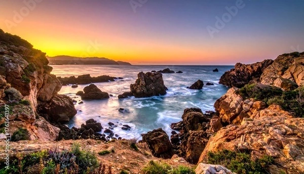 Fototapeta Breathtaking coastal panorama at dawn. Golden sunlight bathes craggy rock formations, gentle waves, & a serene ocean under a vibrant, multicolored sky